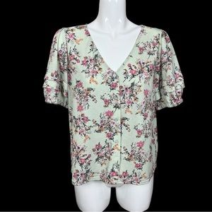 Melloday Pale Green Floral Button Down V Neck Blouse Large NWT